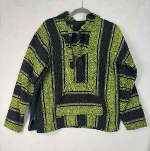 VTG Mexican Baja Hoodie Jerga Drug Rug Striped Red White Large Boho Gorpcore
